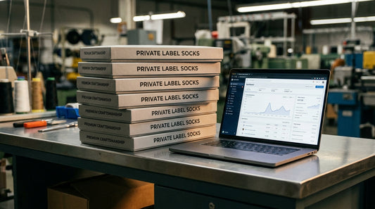 Stacked private-label dress socks in branded retail packaging on a clean industrial workbench beside an open laptop showing an e-commerce dashboard interface
