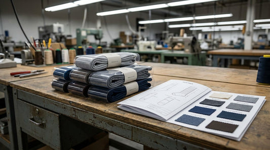 Neatly packaged premium dress socks on a production floor workbench alongside a tech pack document and material swatches