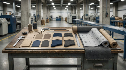 Custom branded sock packaging components including hangtags belly bands and tissue paper on a design desk