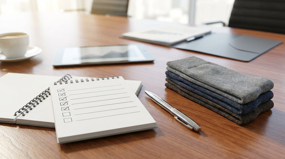 Notepad with checklist on a conference table next to sock samples for B2B decision-making