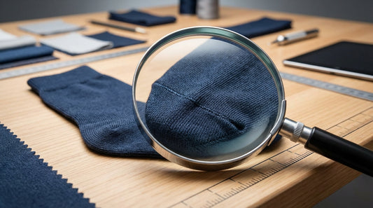 Magnifying glass examining a sock seam closely on a quality inspection table