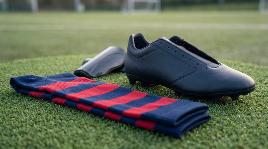 Custom team soccer socks in navy and red stripes laid flat next to a cleat and shin guard on artificial turf