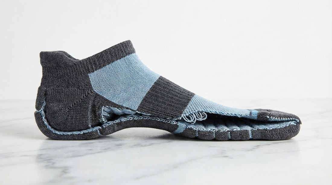 Cross-section view of a premium sock showing reinforced heel arch support band and seamless toe