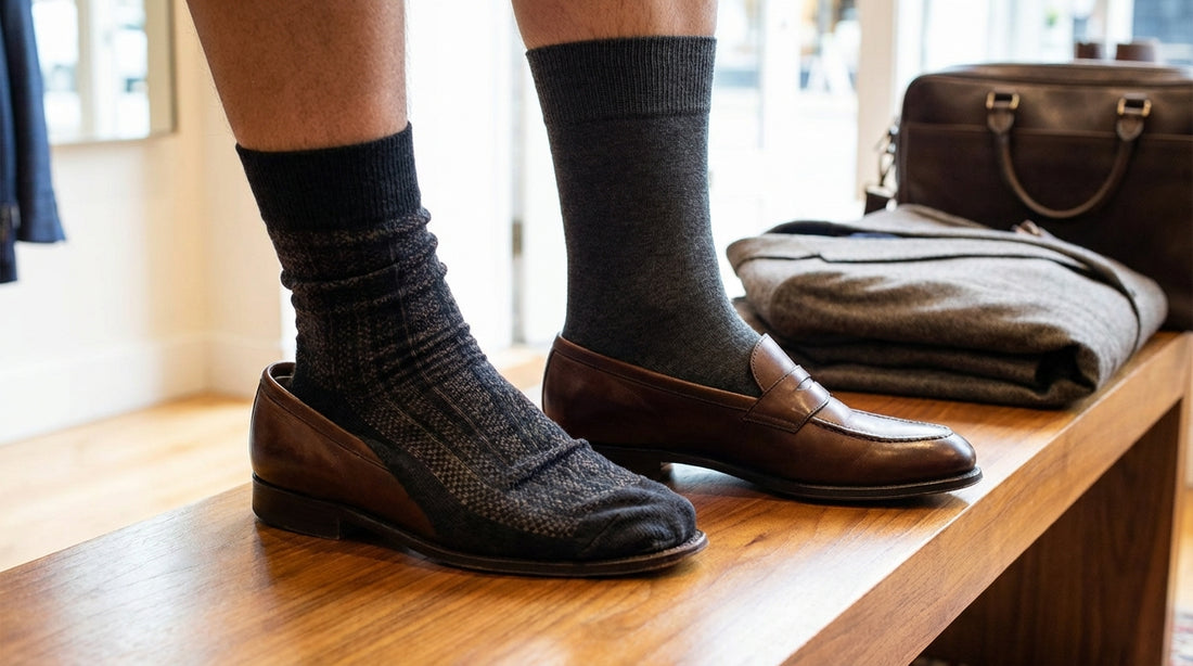 Two socks on a form one bunching at the toe versus one fitting perfectly showing comparison
