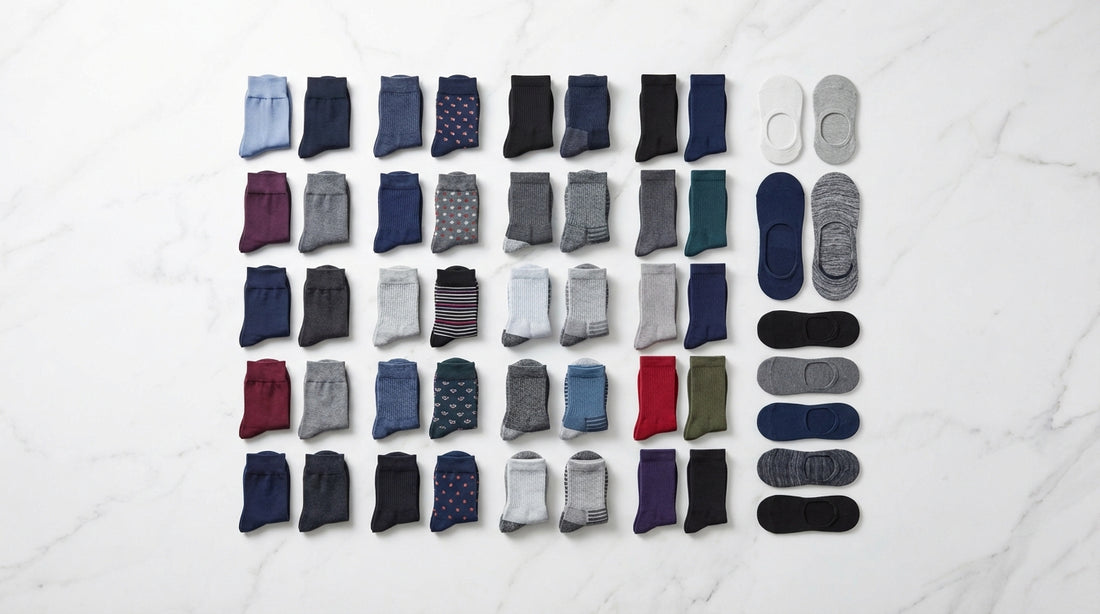 Comprehensive sock collection organized by type showing dress casual athletic compression and no-show
