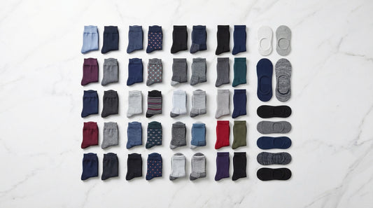 Comprehensive sock collection organized by type showing dress casual athletic compression and no-show