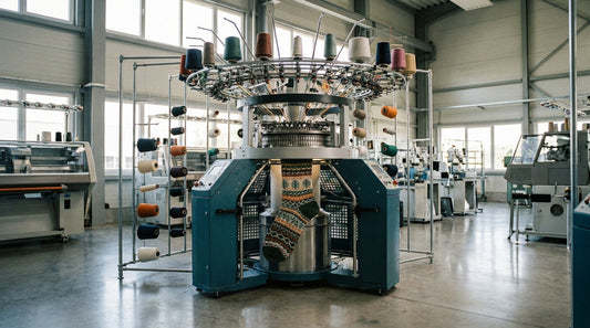 Industrial circular sock knitting machine with yarn feeds showing jacquard pattern capabilities in a manufacturing facility