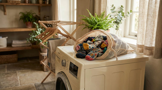 Mesh sock laundry bag filled with colorful socks sitting on top of a washing machine