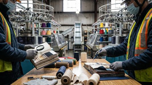 B2B buyer reviewing fabric swatches with a North Carolina textile mill worker beside industrial knitting machines in a domestic sock factory