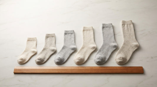 Different sized socks arranged from small to XL on a ruler showing sizing visual