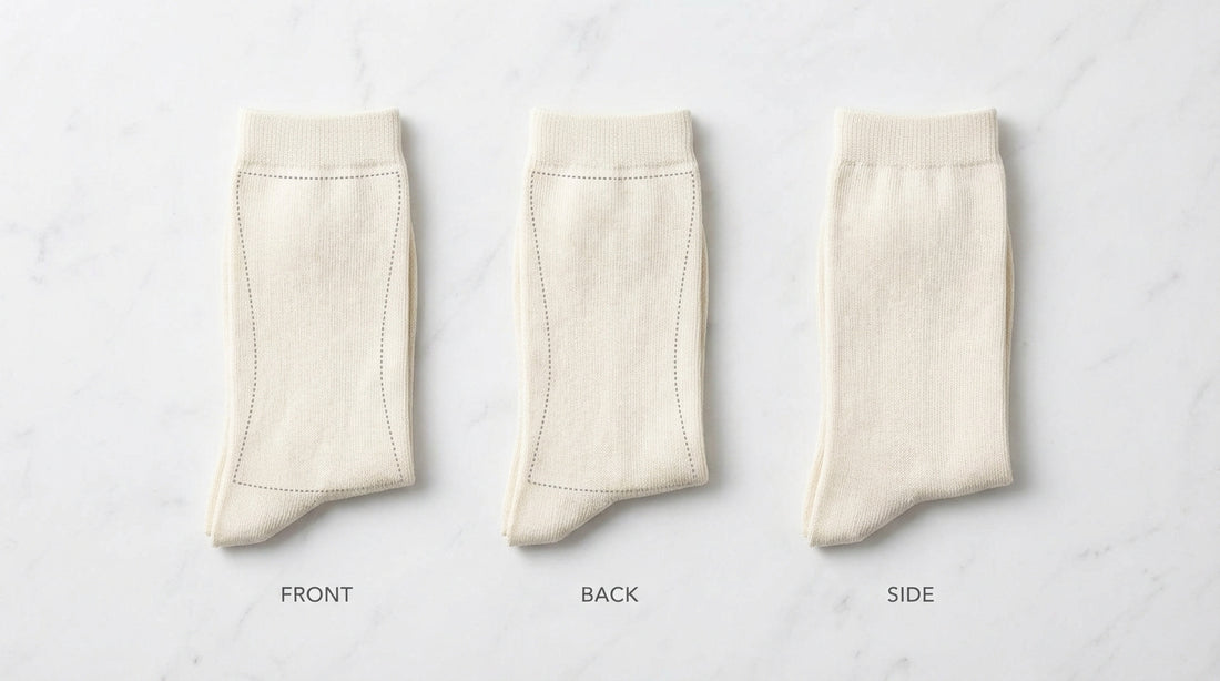 Sock design template flat-lay showing front back and side views with design zone markings