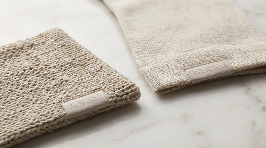 Extreme close-up of two sock fabrics side by side showing 84 needle versus 200 needle density difference