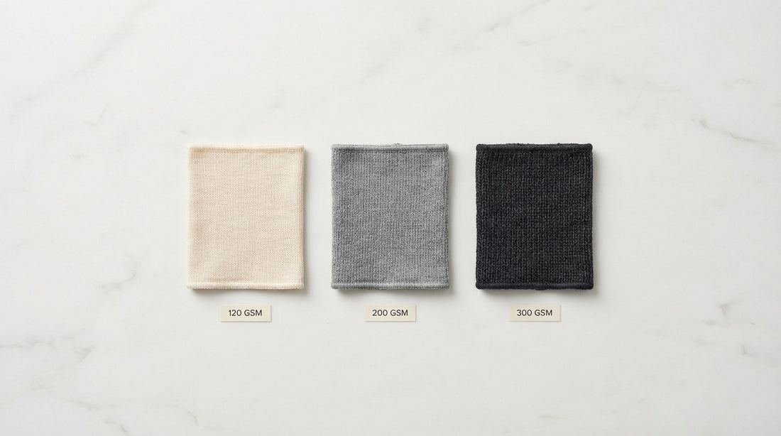 Three sock fabric swatches of different weights and densities arranged showing GSM differences