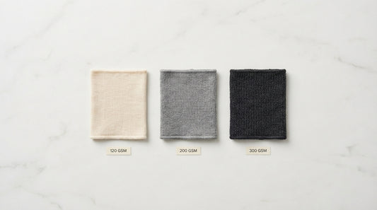 Three sock fabric swatches of different weights and densities arranged showing GSM differences