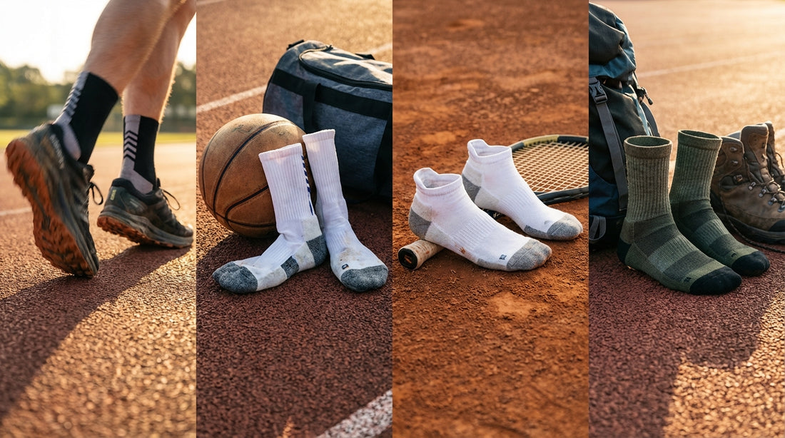 Array of athletic socks for different sports arranged by activity type