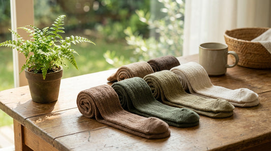 Eco-friendly socks made from organic cotton and bamboo fiber on a natural wood surface with a small plant