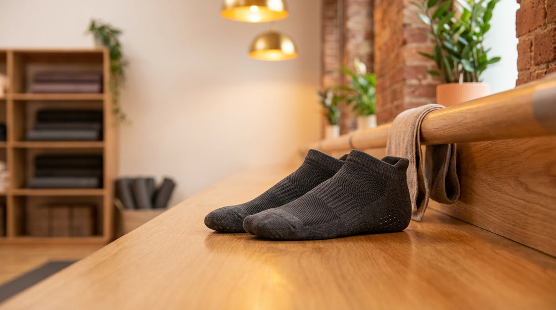 Elegant studio grip socks on a ballet barre floor in a warm-lit boutique fitness studio