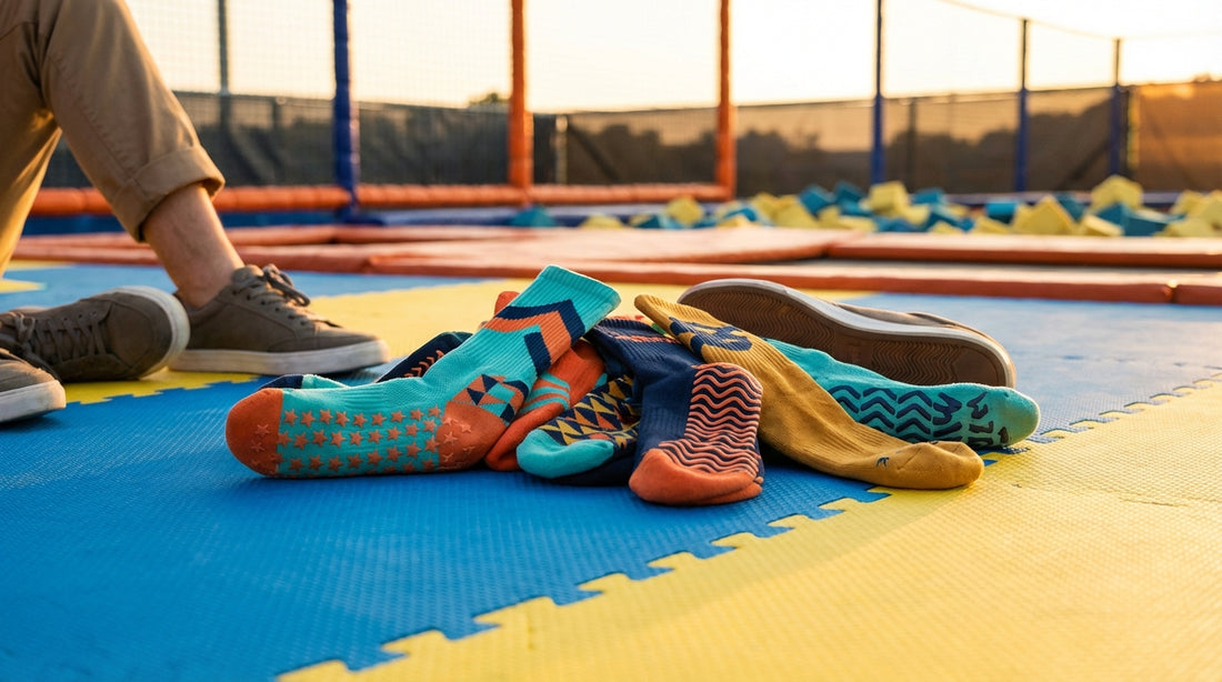 Colorful custom branded grip socks with silicone sole patterns arranged on a trampoline park bounce surface with park equipment in the background