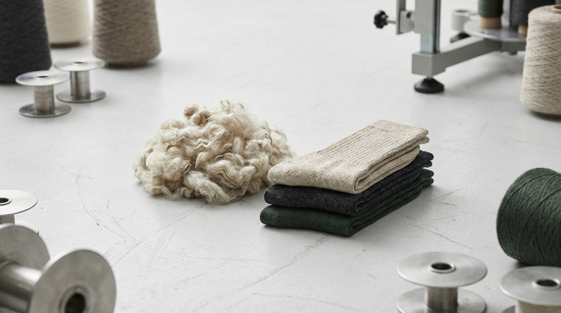 Raw merino wool fibers beside knit merino sock samples on a minimalist white studio background