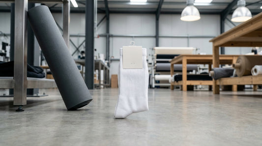 Premium white label athletic socks with custom branded hangtag displayed on a fitness studio floor beside a yoga mat