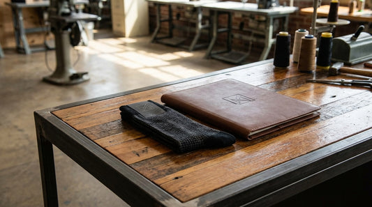 Pair of branded corporate dress socks with custom woven label displayed beside a leather portfolio on a polished office desk