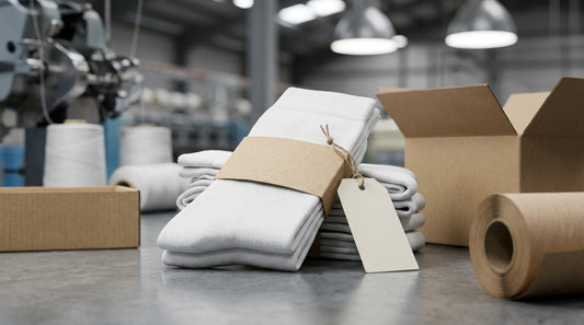 White label dress socks with custom belly band and hangtag branding arranged on a clean light retail surface beside packaging elements
