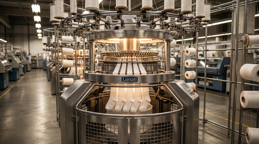 White label dress socks being knitted on an Italian Lonati circular knitting machine in a manufacturing facility