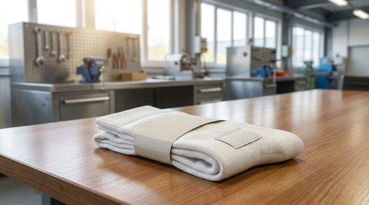 Premium white label dress socks displayed with custom branded belly band packaging and woven label on a clean conference table