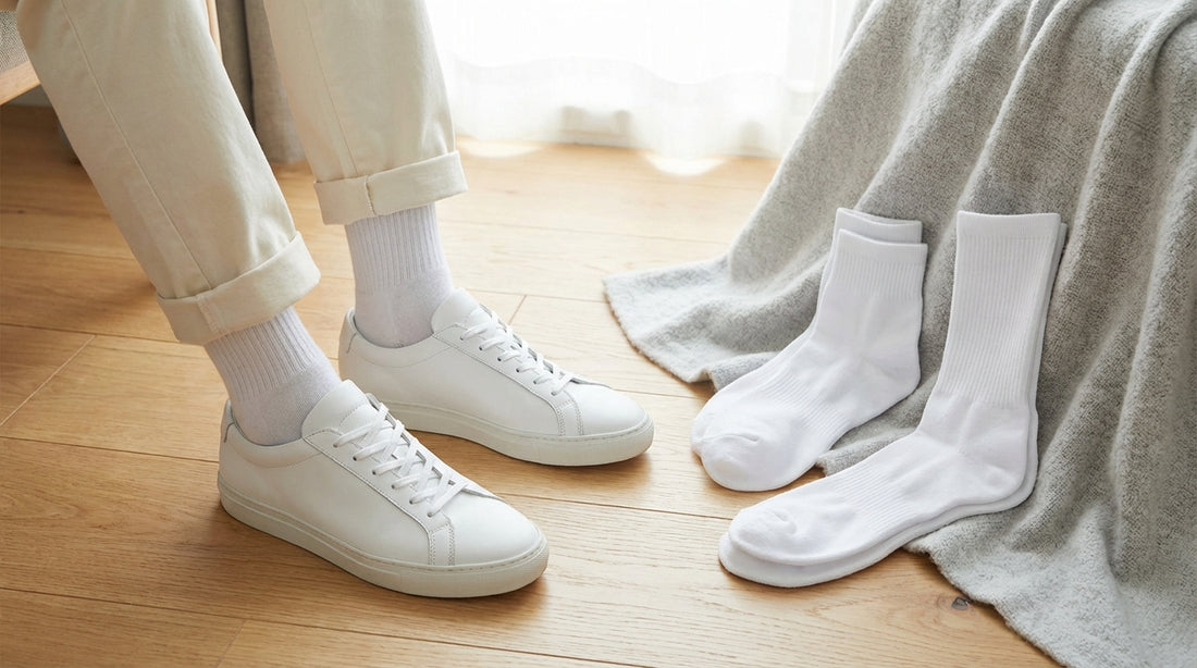 Pristine white crew socks and ankle socks arranged on a clean surface next to white sneakers