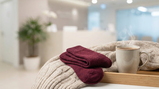 Warm thermal socks in rich burgundy next to a cozy blanket and hot beverage