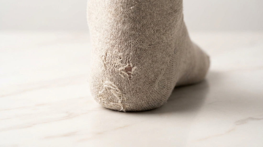 Close-up of a worn cotton sock showing fiber thinning and a small hole forming at the heel stress point against a neutral background