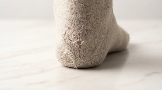 Close-up of a worn cotton sock showing fiber thinning and a small hole forming at the heel stress point against a neutral background