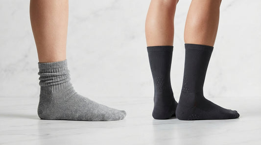 Comparison of a slouched sock bunched at the ankle versus a sock with grip technology staying in place