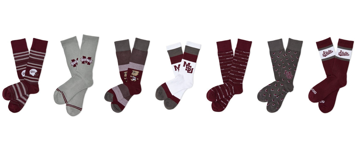 Mississippi State socks — all seven officially licensed DeadSoxy designs