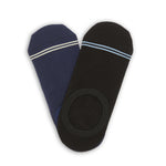 2 pair no show socks laid flat in a v shape a solid black with double blue stripe on toe solid and a solid navy blue with double grey stripe
