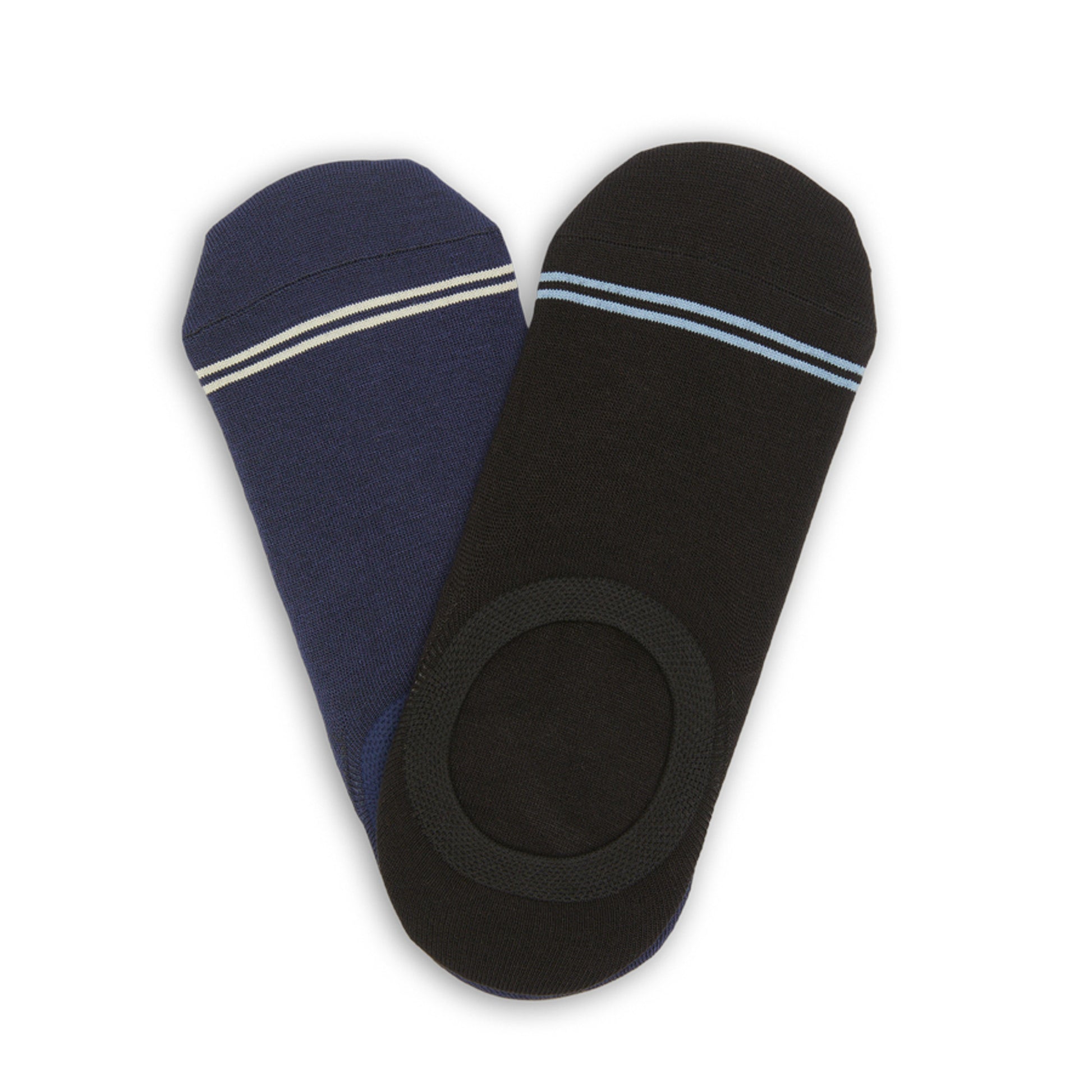 2 pair no show socks laid flat in a v shape a solid black with double blue stripe on toe solid and a solid navy blue with double grey stripe
