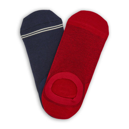 2 pair of no show socks lay flat in v shape 1 navy with grey double stripe 1 solid deep red