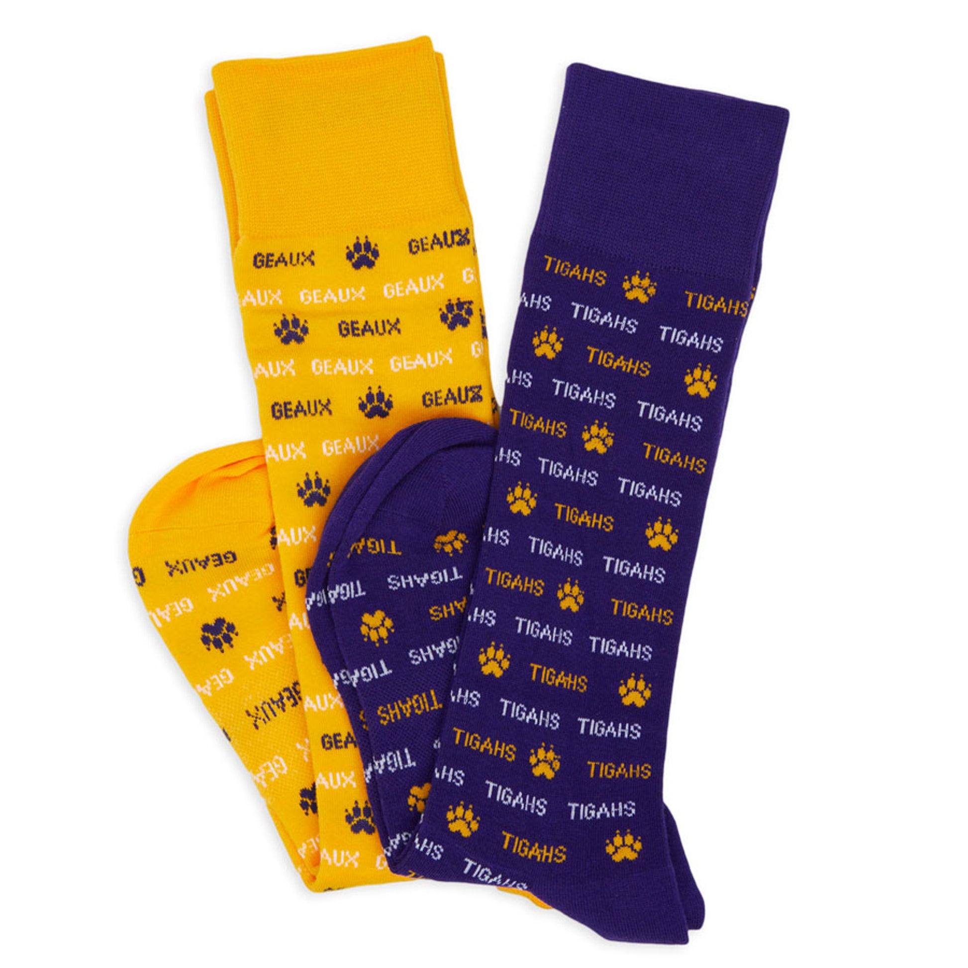 Gold and purple dress socks with the words Geaux and Tigahs written in stripes separated by a small tiger print organized as stripes shown on legs coming into the left side of the image