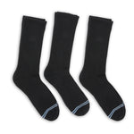 3 pairs of premium DeadSoxy casual crew socks with black base color and 2 light blue accent stripes across toes.