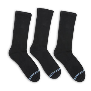 3 pairs of premium DeadSoxy casual crew socks with black base color and 2 light blue accent stripes across toes.