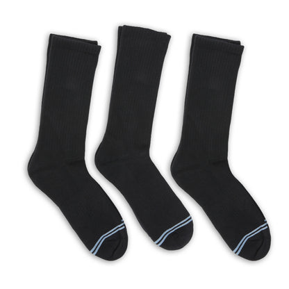 3 pairs of premium DeadSoxy casual crew socks with black base color and 2 light blue accent stripes across toes.