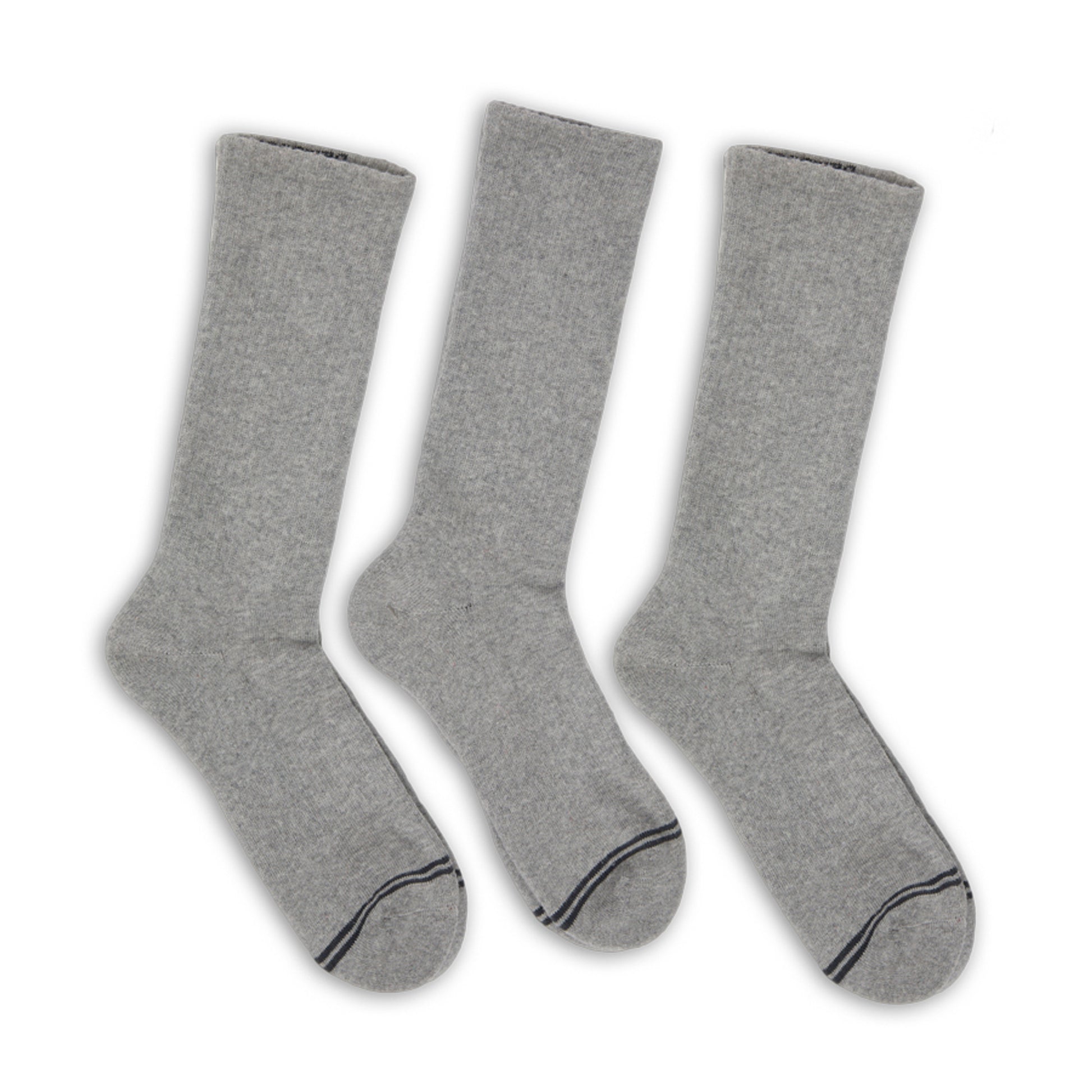 3 pairs of premium DeadSoxy casual crew socks with  grey base color and 2 charcoal accent stripes across toes.