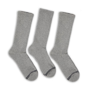 3 pairs of premium DeadSoxy casual crew socks with  grey base color and 2 charcoal accent stripes across toes.