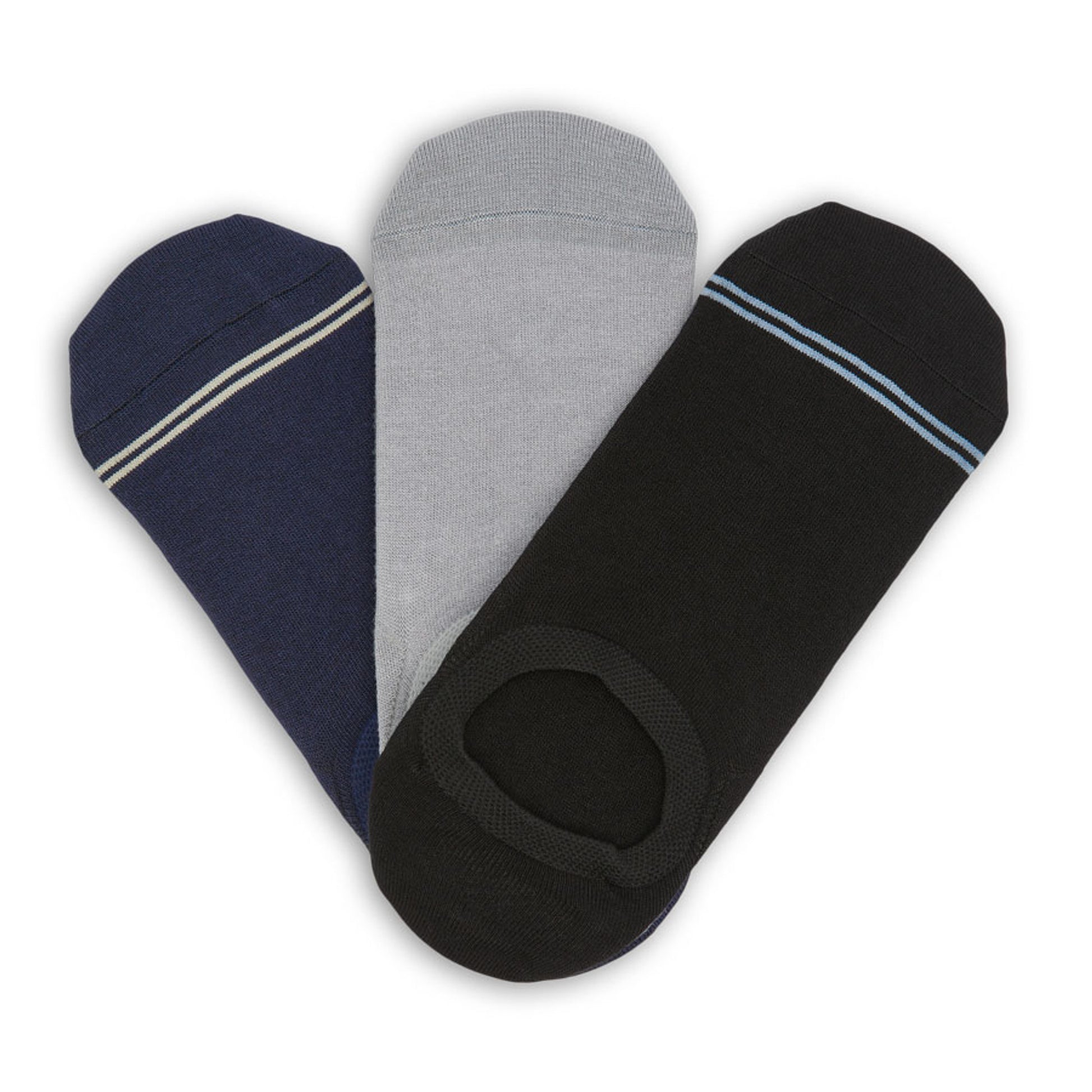 3 pairs of no show socks black, grey, and navy laid flat in a v shape