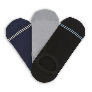 3 pairs of no show socks black, grey, and navy laid flat in a v shape