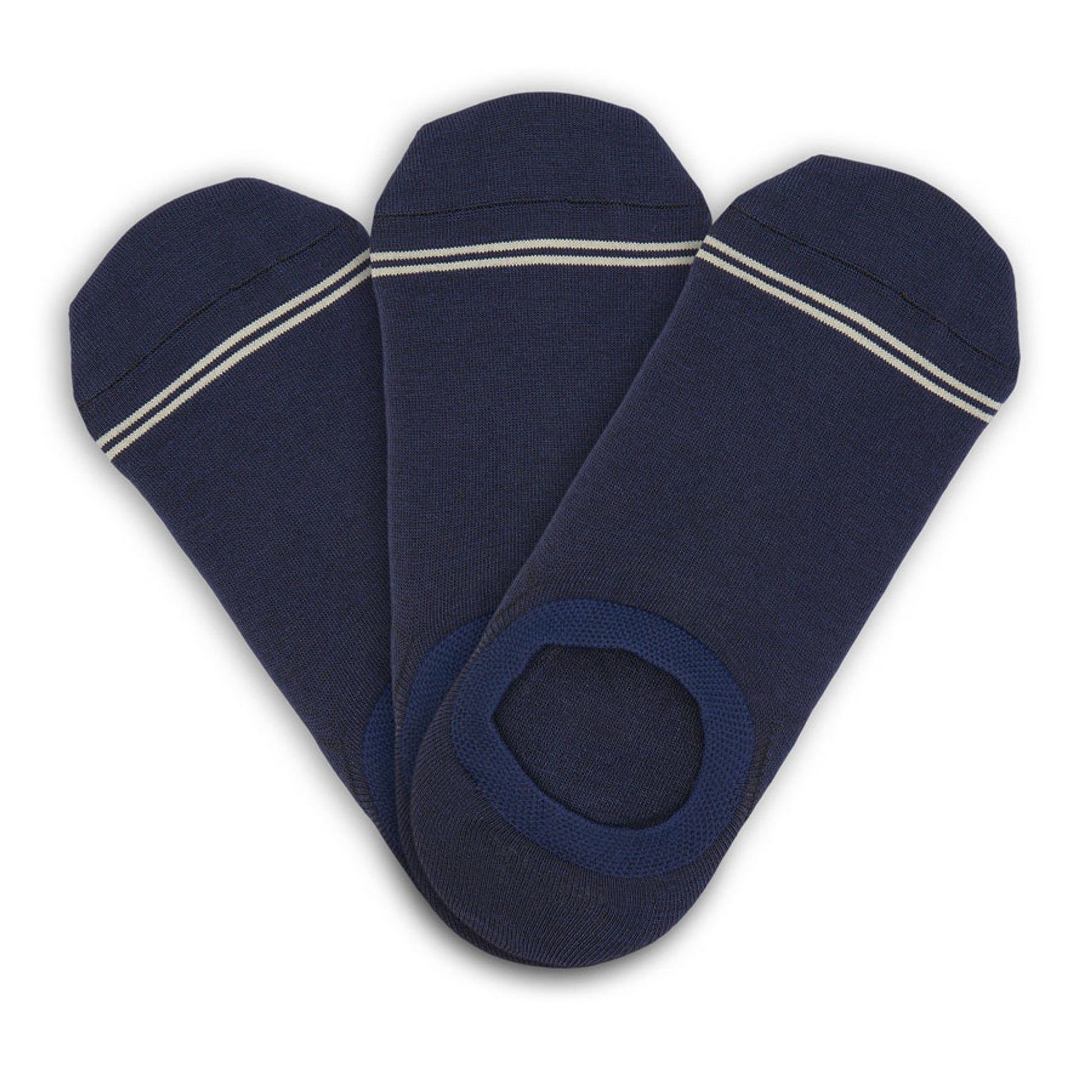 3 navy no show socks laying flat in V pattern with two thin light blue stripes over toes