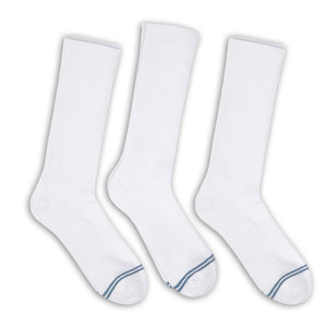 3 pairs of premium DeadSoxy casual crew socks with  white base color and 2 grey accent stripes across toes.