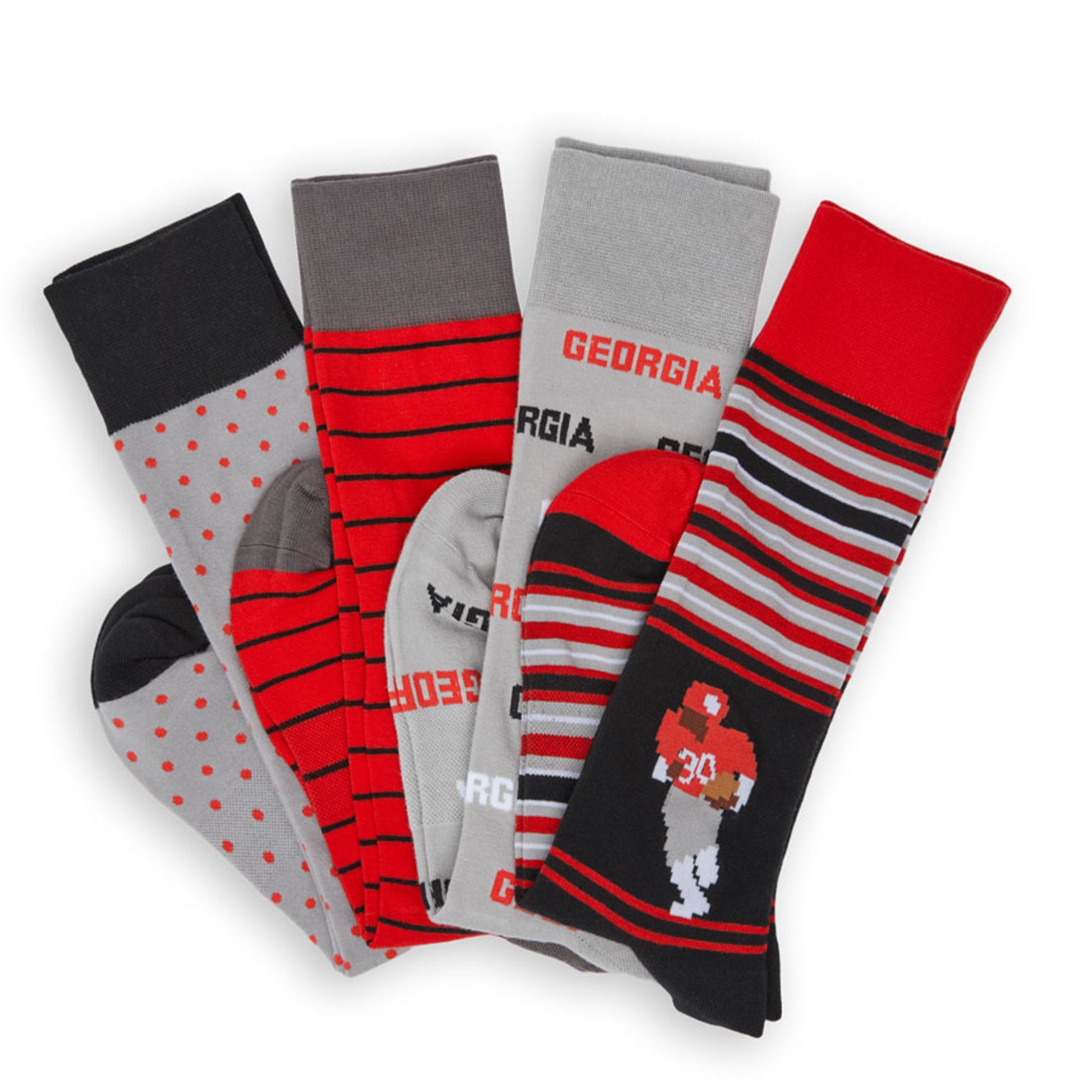 4 pairs of premium red and black dress socks folded at the heel.