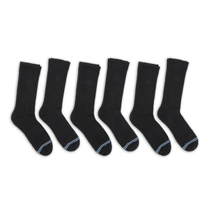 6 pairs of premium DeadSoxy casual crew socks with black base color and 2 light blue accent stripes across toes.