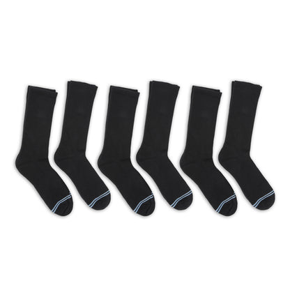 6 pairs of premium DeadSoxy casual crew socks with black base color and 2 light blue accent stripes across toes.